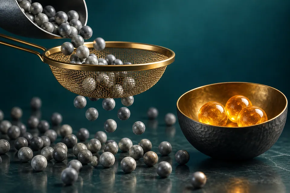 Brass sieve and selected amber spheres, illustrating lead qualification.