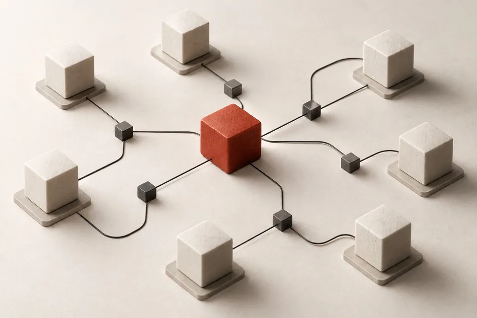 Connected modules surrounding a central red hub.