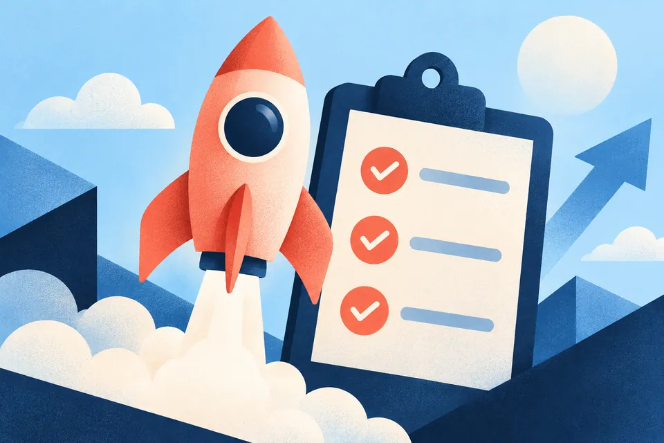 Coral rocket beside a checklist, illustrating preparation before campaign launch.