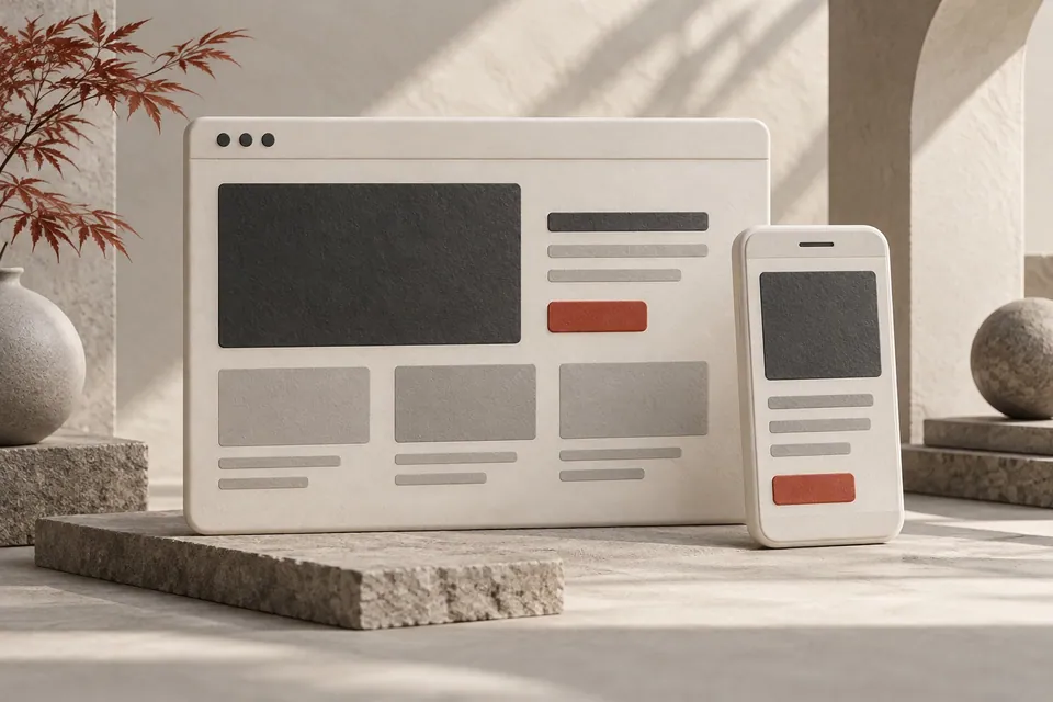 Desktop and mobile website layouts with clear interface blocks.
